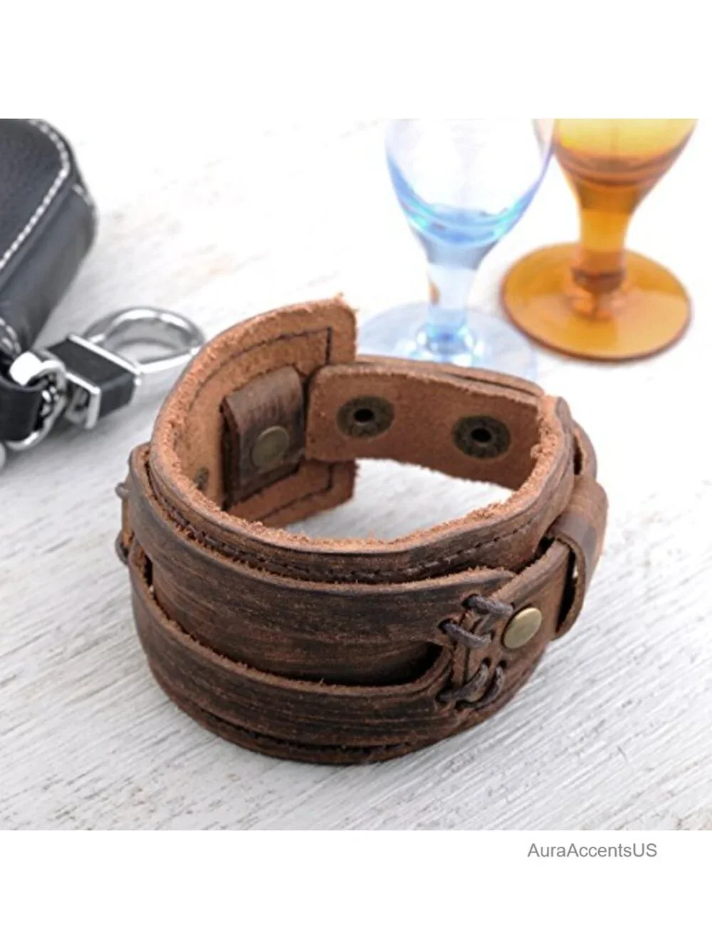 Genuine Leather Adjustable Cuff Bangle Bracelet Punk Style Unisex